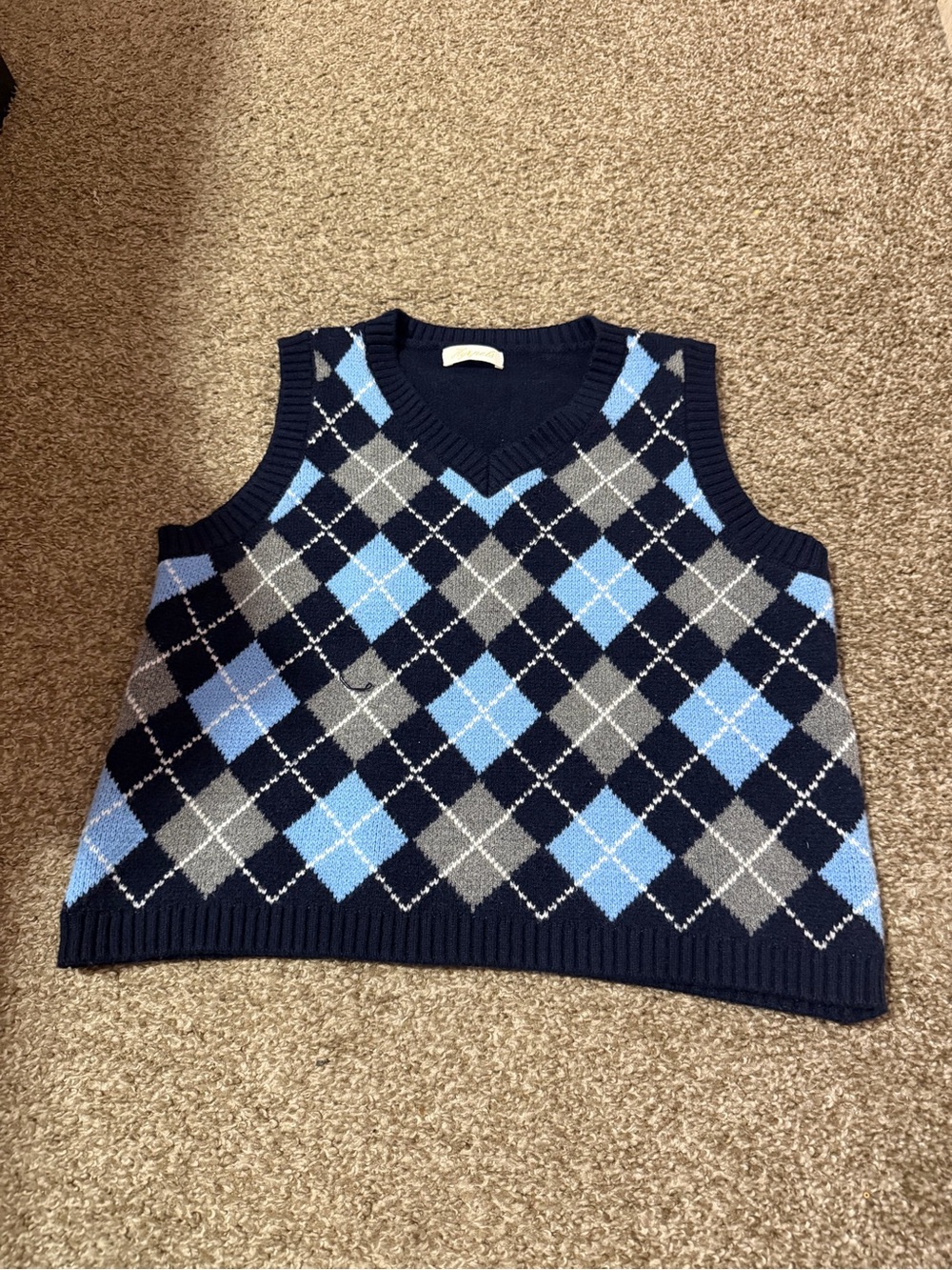 Argyle Knit Sweater Vest in Navy, Light Blue & Gray